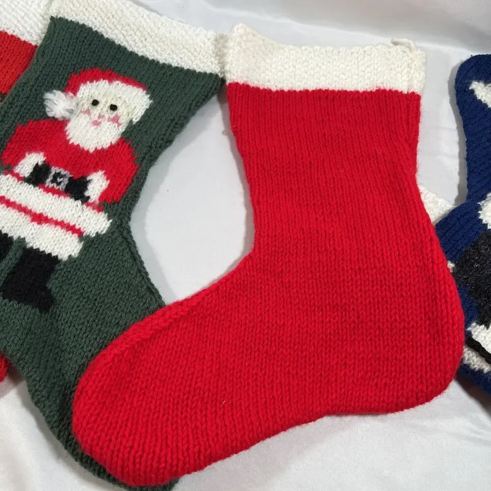 Vintage Lot of 4 Handmade Knit Christmas Stockings Santa Bear Snowman Shepherd
